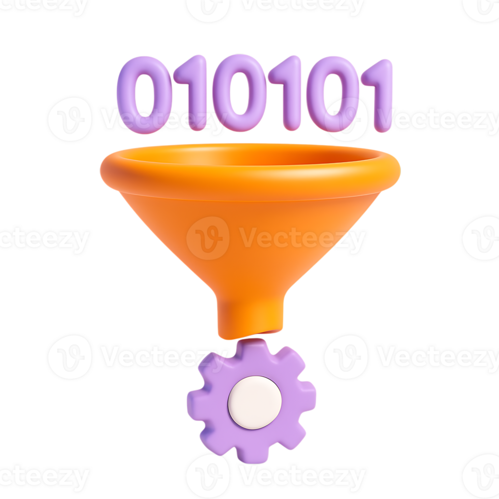 un 3d hacer de un embudo y engranaje con binario código es aislado en transparente antecedentes png