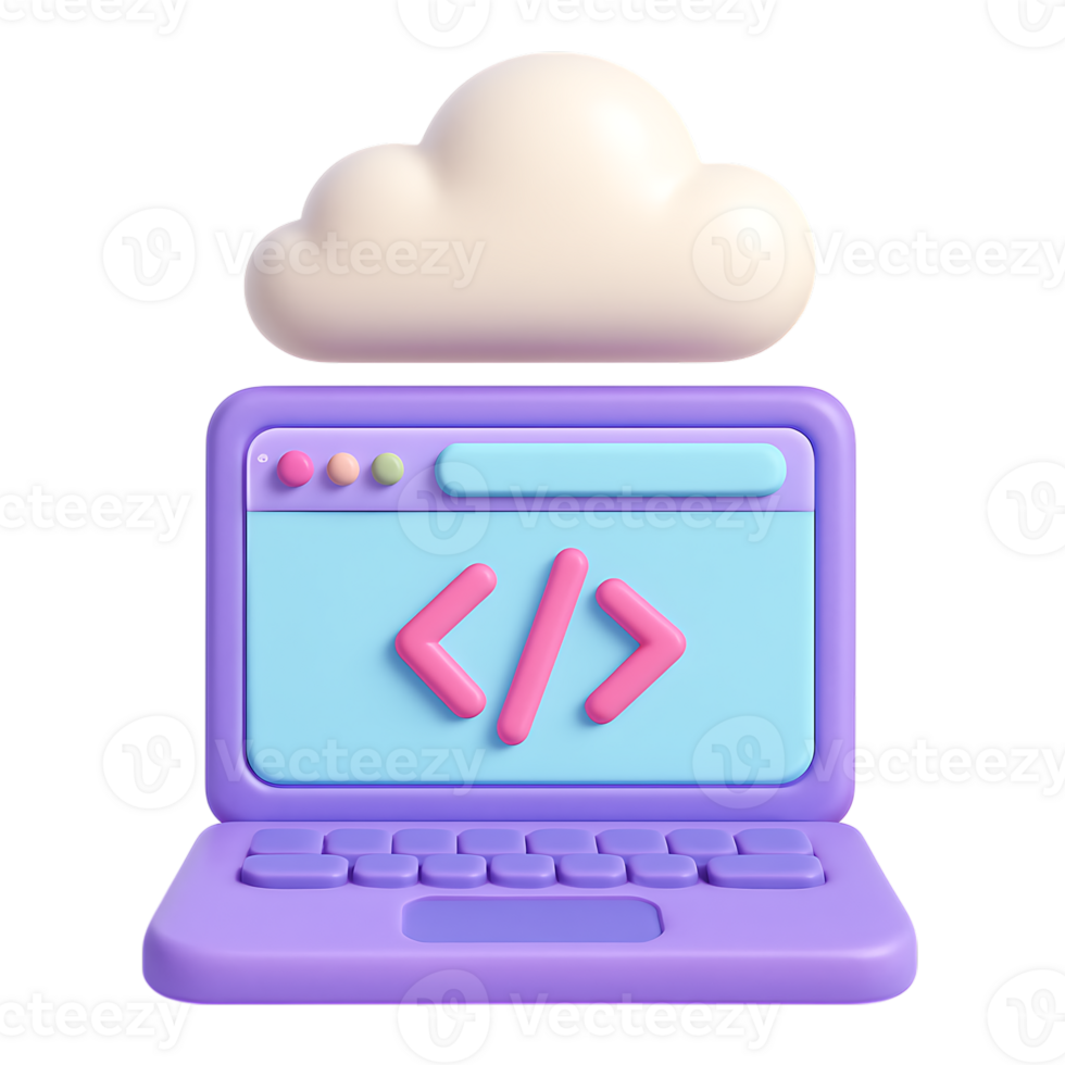 A 3d render of a laptop with code on the screen and a cloud above, isolated on transparent background png