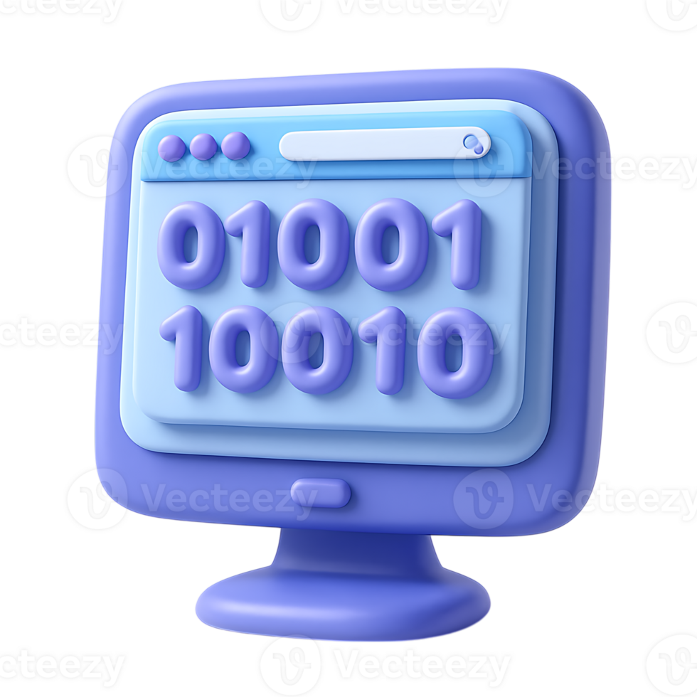 uma 3d computador monitor exibindo binário código isolado em transparente fundo png