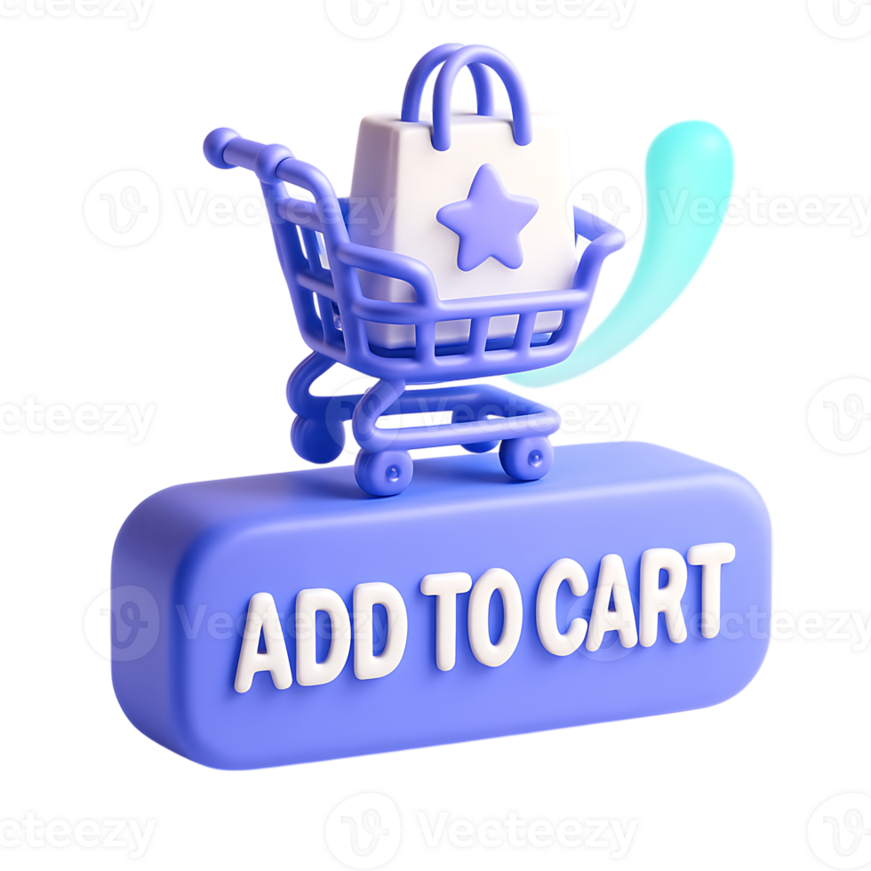 uma 3d Renderização do uma compras carrinho com uma saco e adicionar para carrinho botão, isolado em transparente fundo png