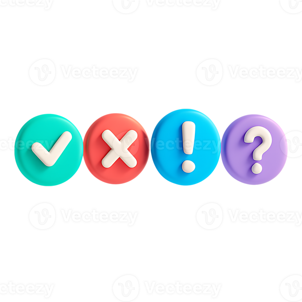 Four colorful 3d buttons with check, cross, exclamation, and question marks isolated on transparent background png