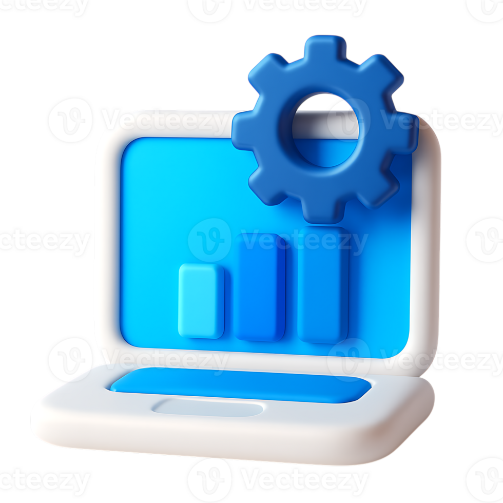 un 3d representación de un ordenador portátil con un engranaje y grafico aislado en transparente antecedentes png
