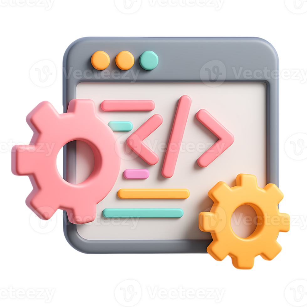 A 3d render of web development icon with gears isolated on transparent background png