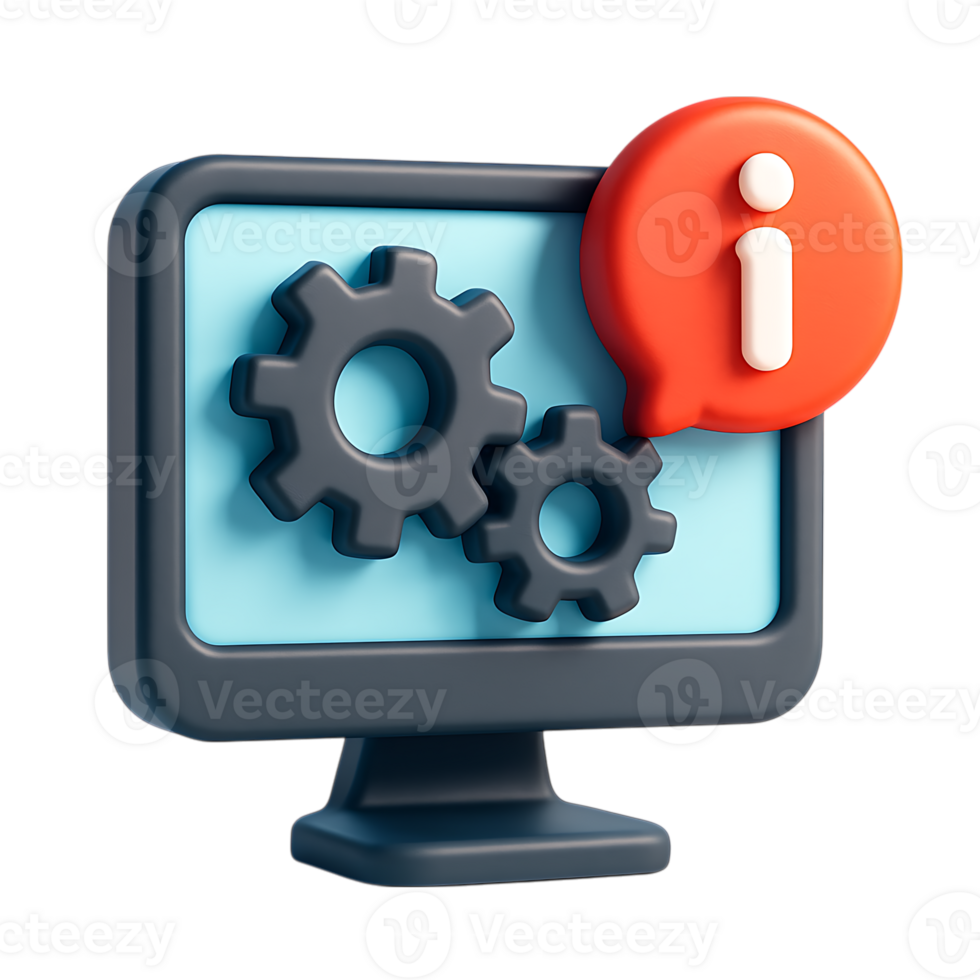 A 3d rendering of a computer monitor with gears and an information icon, isolated on transparent background png