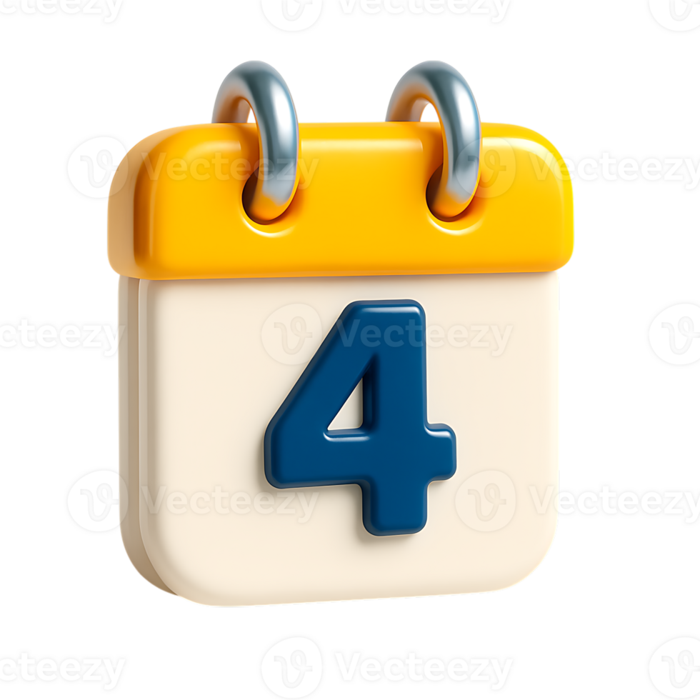 A 3d rendering of a yellow and white calendar icon showing the number four, isolated on transparent background png