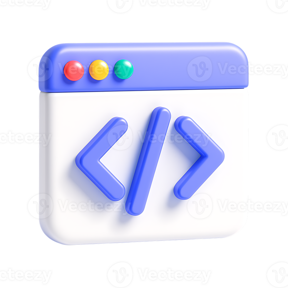 un 3d representación de un web navegador icono con código símbolos aislado en transparente antecedentes png