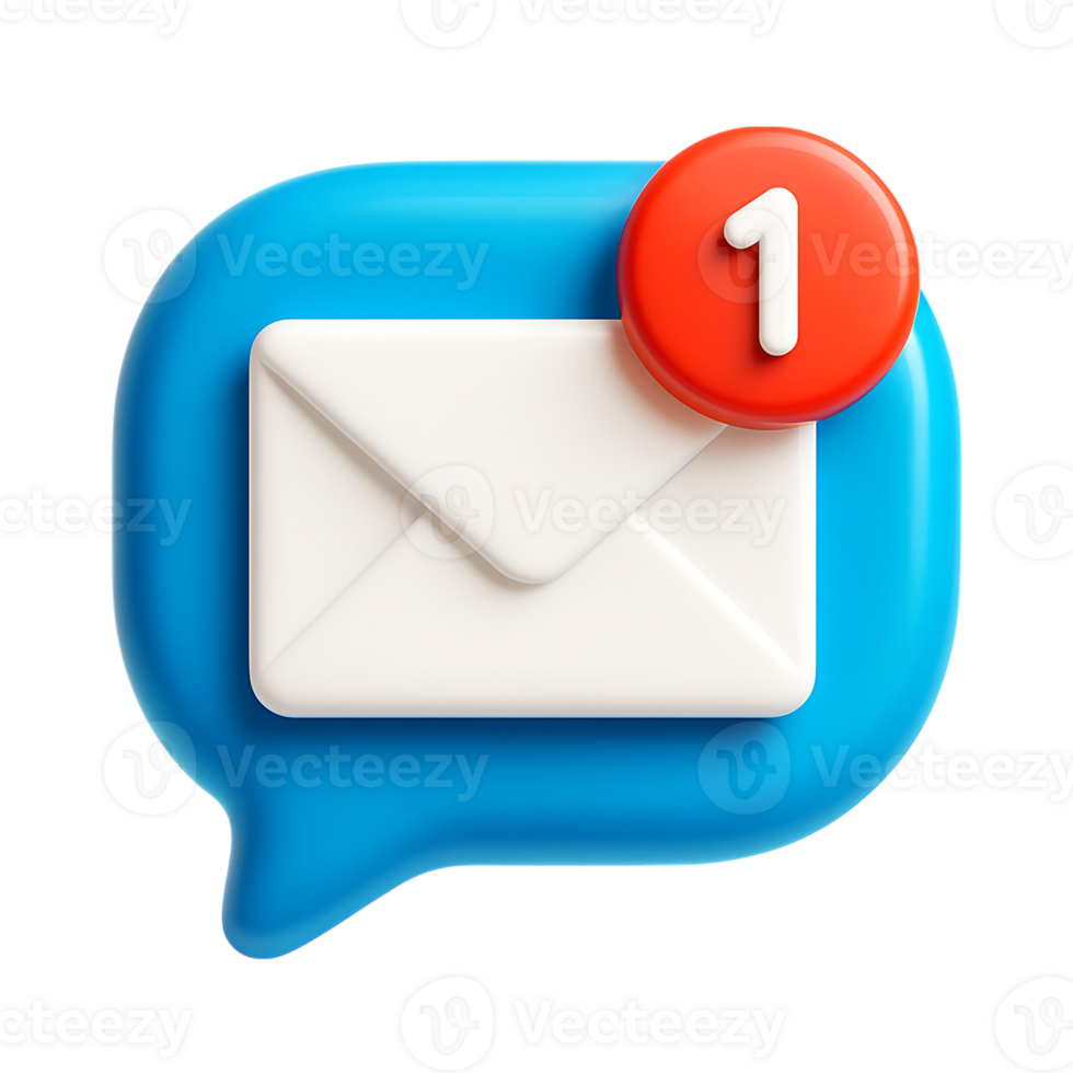 A 3d render of a blue speech bubble with a white email icon and a red notification number one, isolated on transparent background png