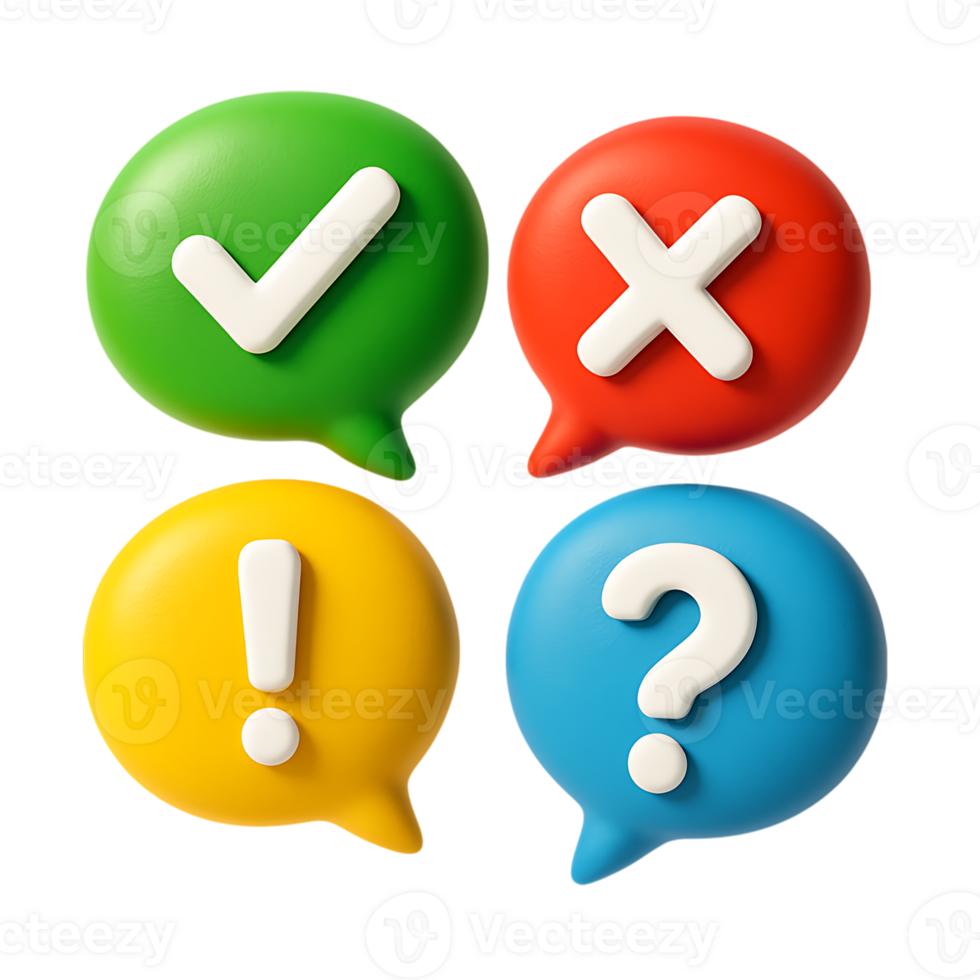 Four 3d speech bubbles with check mark, cross, exclamation, and question mark, isolated on transparent background png