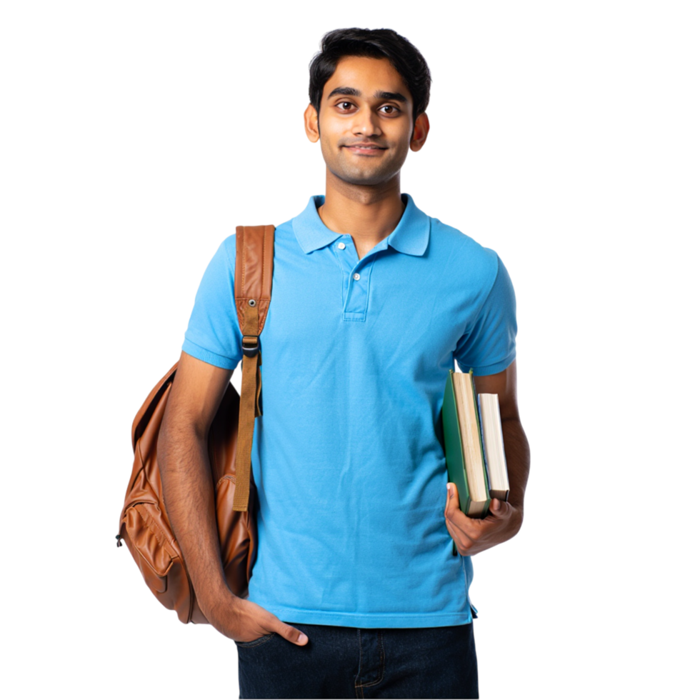 Smiling college student with a backpack and books isolated on white background, ready for class and eager to learn in a casual and comfortable style png