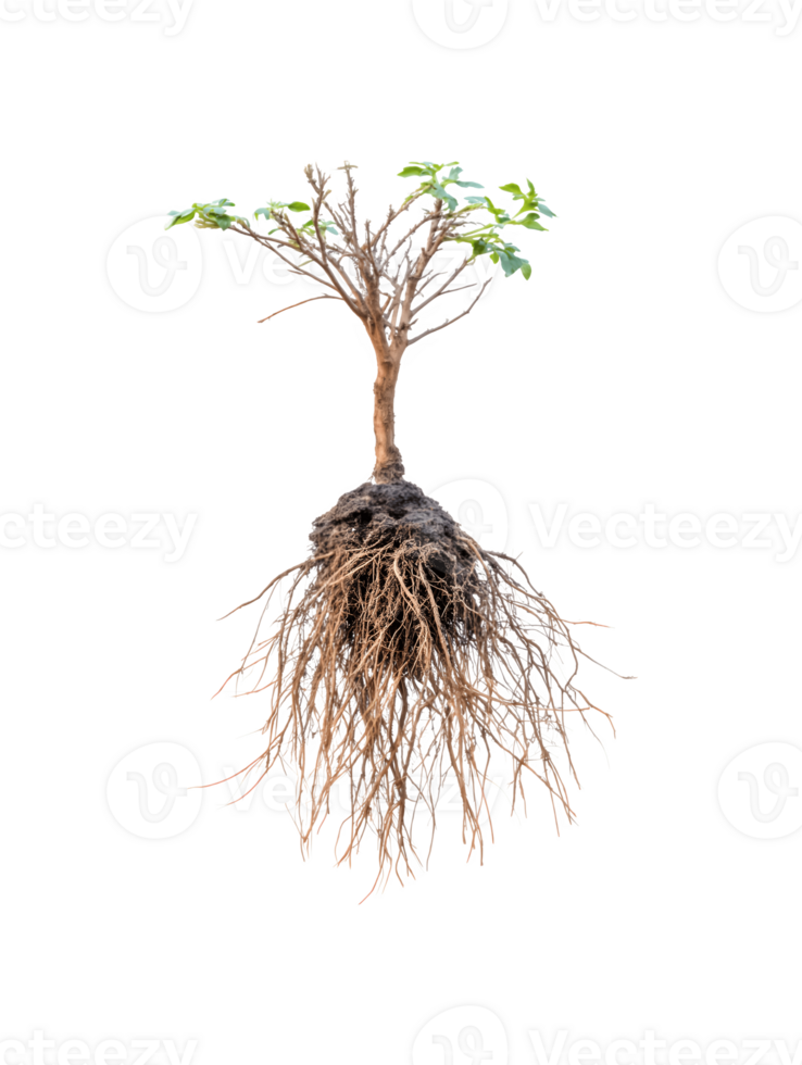 Root System and Growing Branches of a Tree, Top View on Transparent Background png
