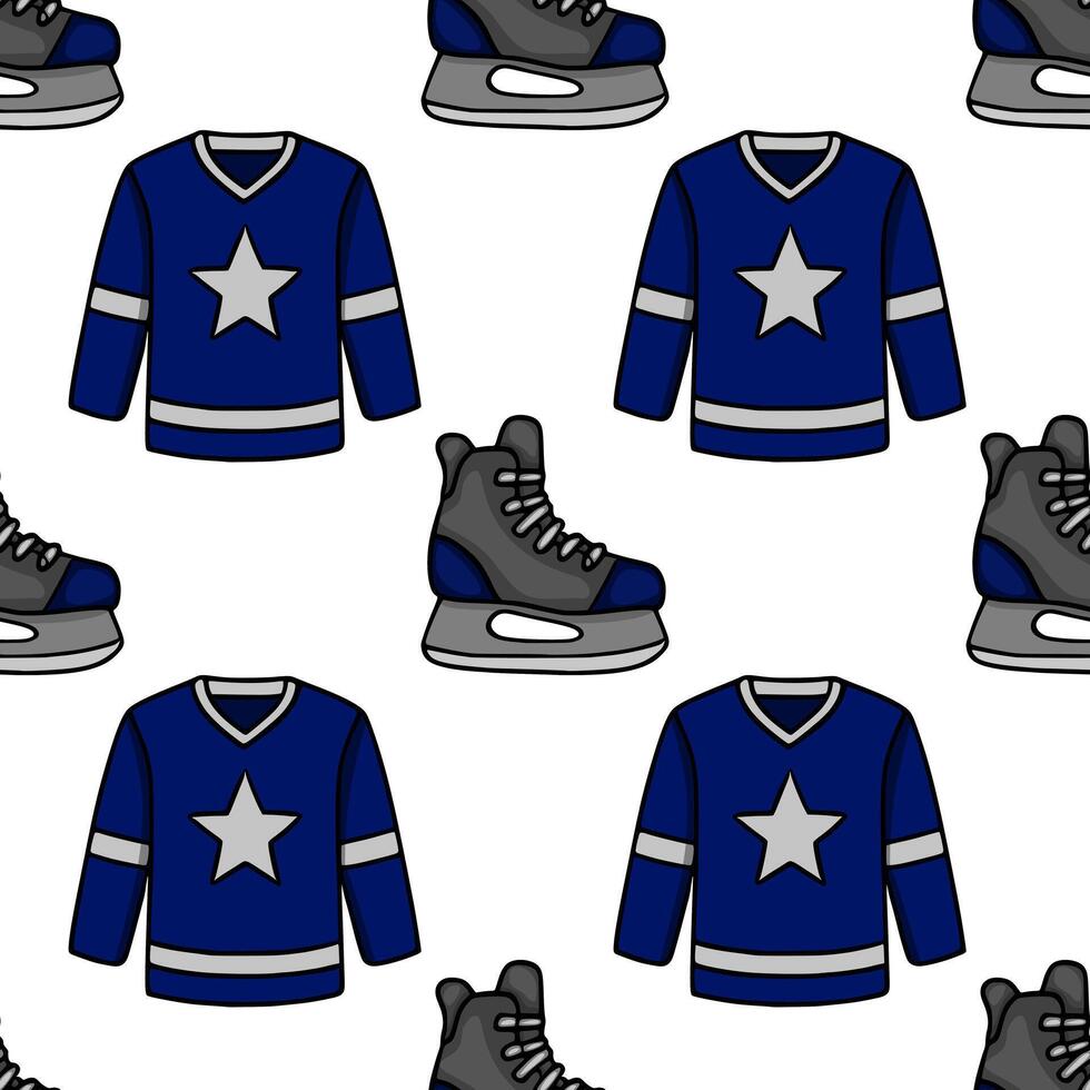 Seamless pattern featuring a repeating design of hockey jerseys with a star and ice skates, rendered in a hand drawn style with a navy blue and gray color scheme. vector