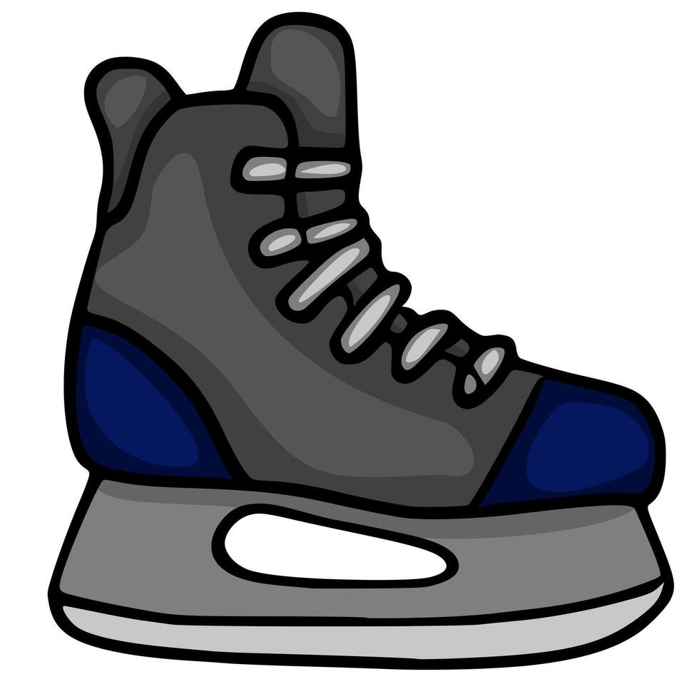 A illustration of a single ice hockey skate, showcasing a stylized design with dark grey and navy blue color palette, emphasizing bold outlines and simplified shapes for a playful yet dynami... vector