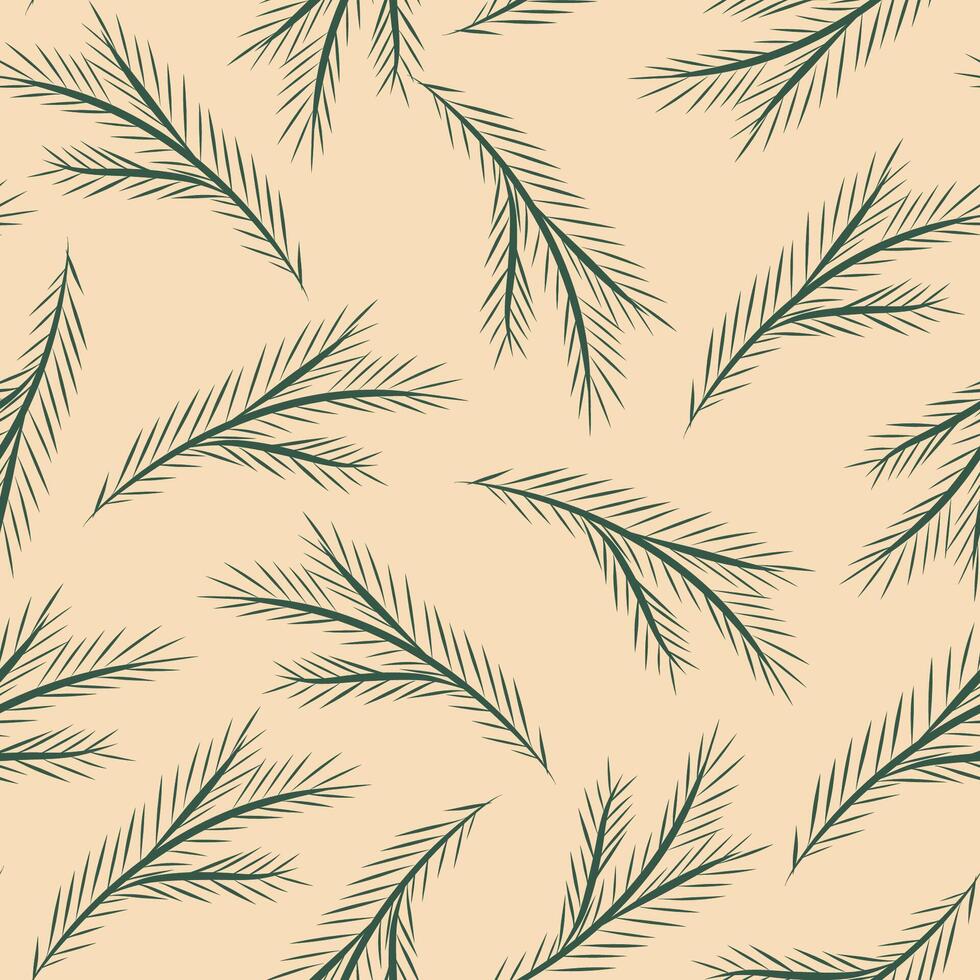 Pine Branch Seamless Pattern, Needle Branch on Beige background, Evergreen Branch Pattern vector
