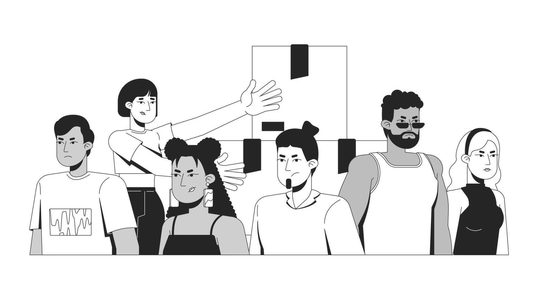 Low demand line illustration concept. Oversupply. Consumer interest lack. Unsold boxes and diverse customers dissatisfied expressions outline 2D characters isolated. Ink linear metaphor art vector