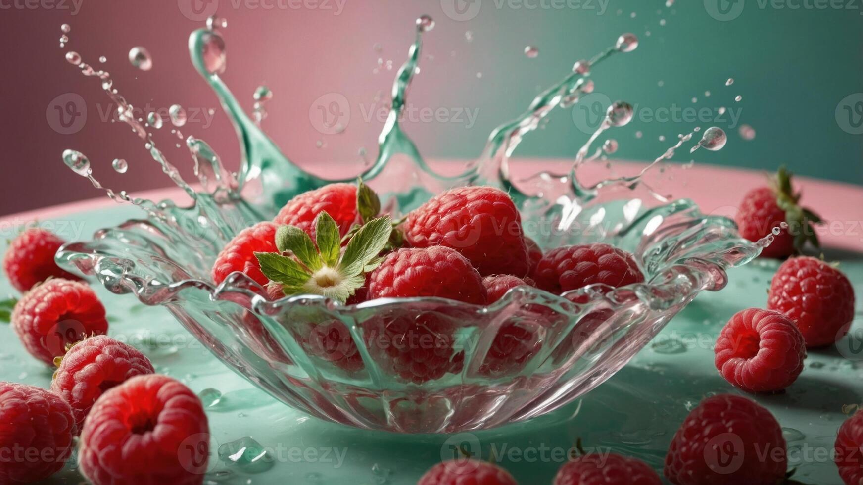 Fresh raspberries splashing in a crystal bowl on a pastel surface, creating a vibrant and dynamic scene photo