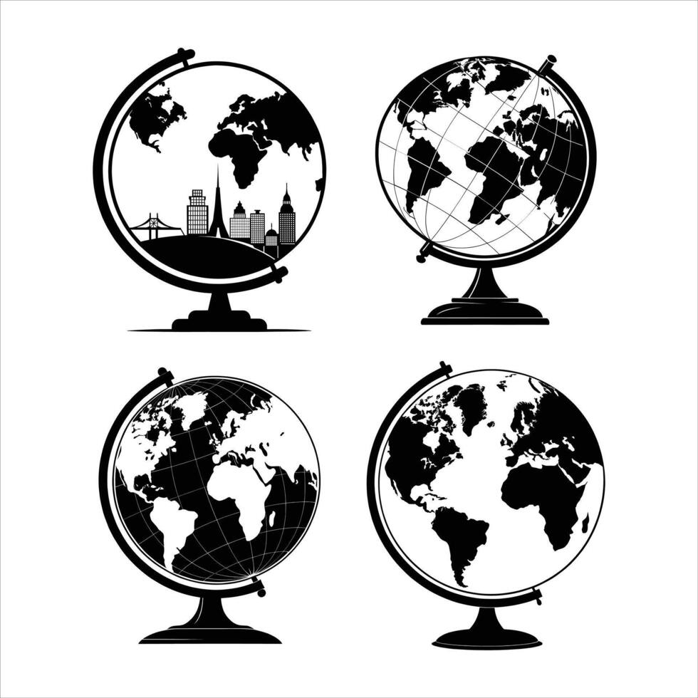 Collection of globe illustrations with different continents isolated on white background vector