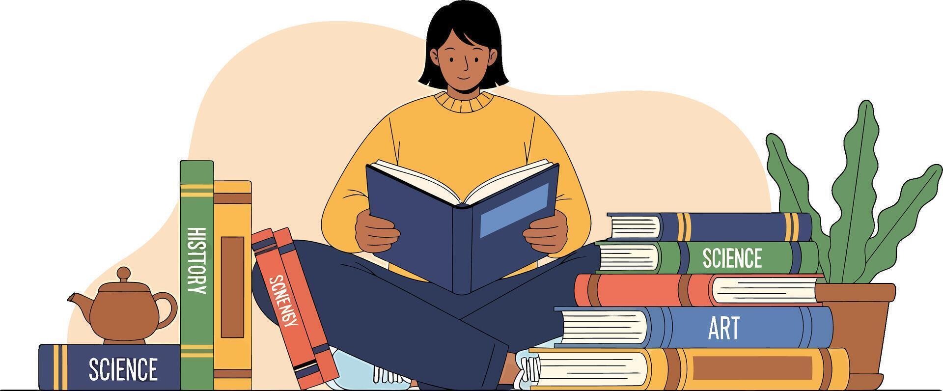 A serene illustration of a person deeply engrossed in reading amidst a diverse collection of books, symbolizing knowledge, education, and the joy of learning vector