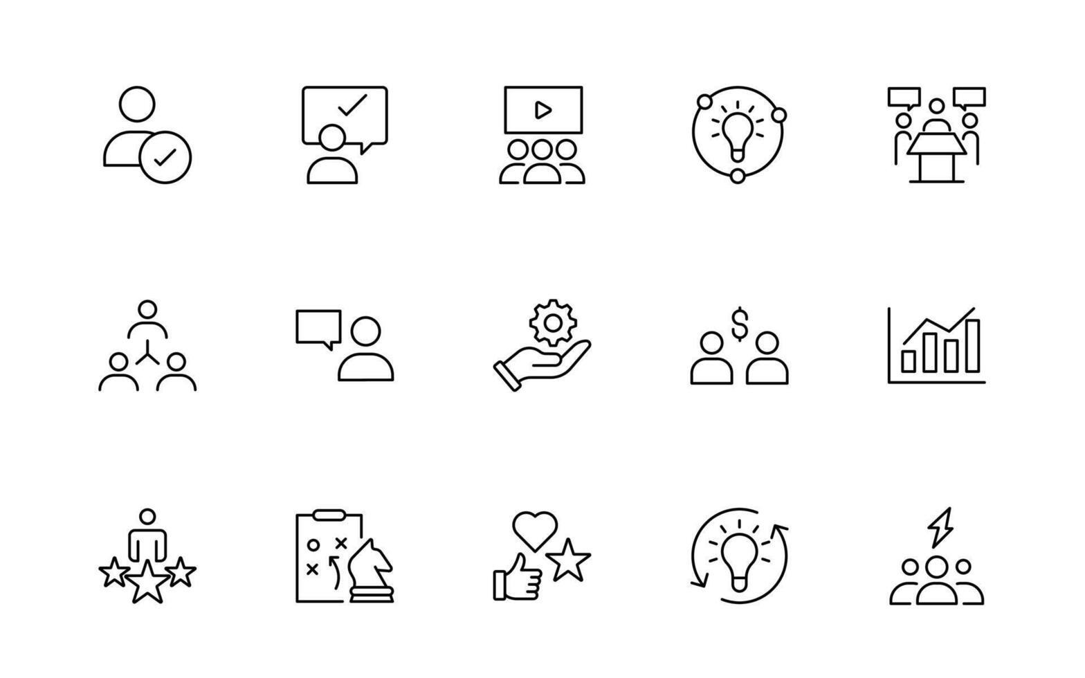 Teamwork line icon of coworking space icons. Business teamwork, team building, work group, and human resources icon set. vector