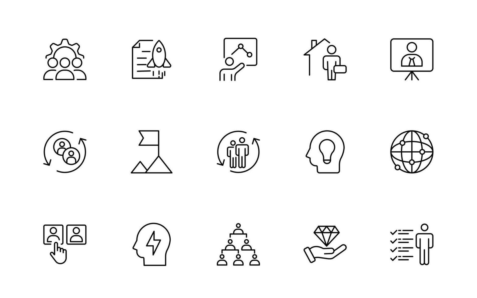 Teamwork thin line icons collection. Set of coworking space icons. Business teamwork, team building, work group, and human resources icon set. vector