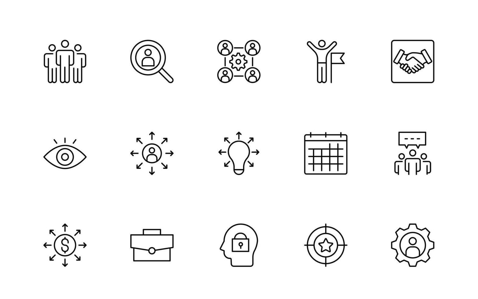 Teamwork minimal line icons collection. Set of coworking space icons. Business teamwork, team building, work group, and human resources thin line icon set. vector