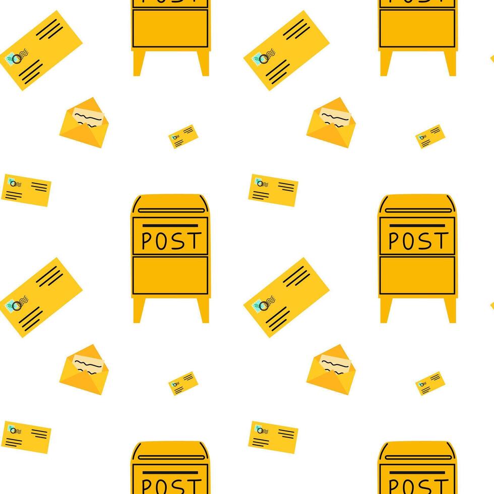 Bright yellow post box and envelopes scattered in a playful pattern on a white background vector