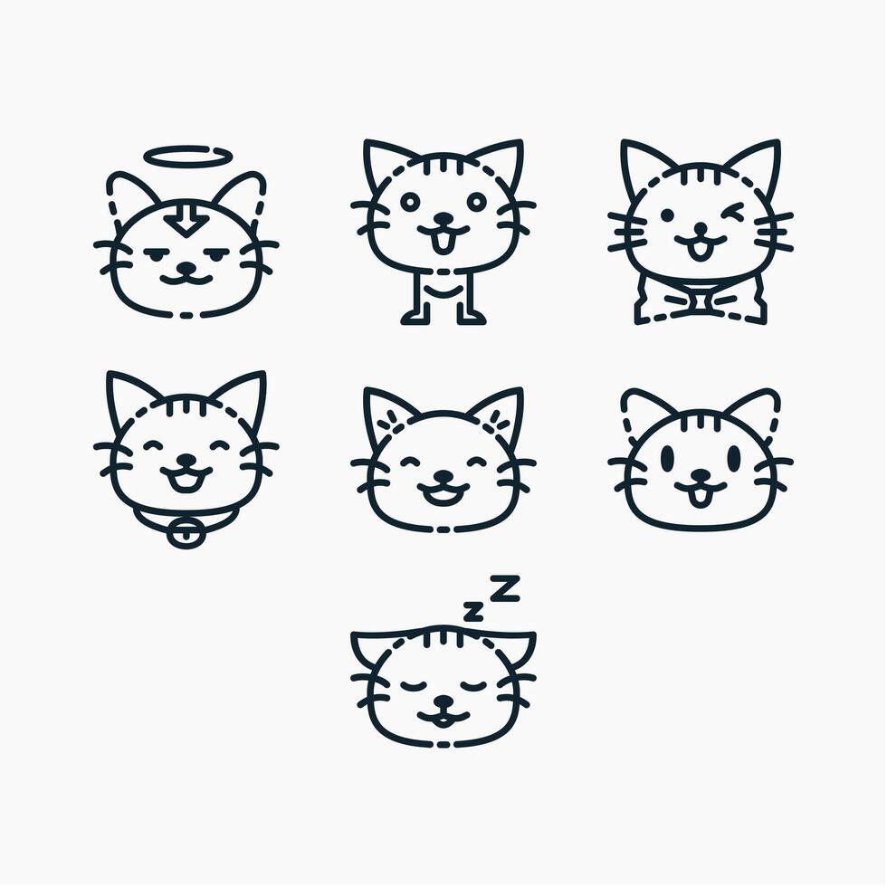 Cute Cat Icons Set in minimal line style. Perfect for stickers, apps, websites, or pet related designs. Editable illustration with clean outlines and multiple adorable cat expressions. vector
