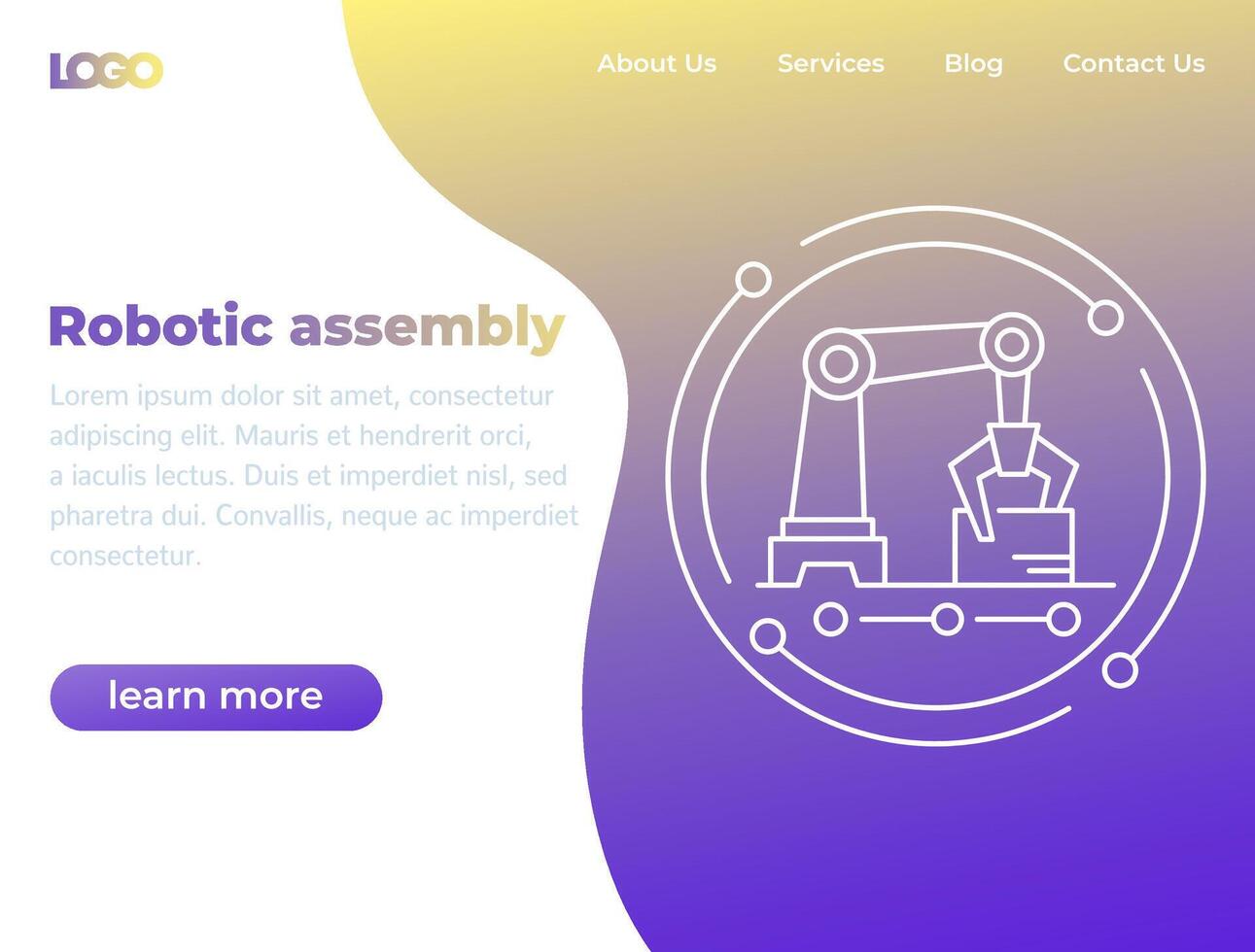 Robotic assembly, industrial robot banner, website template with line icon vector
