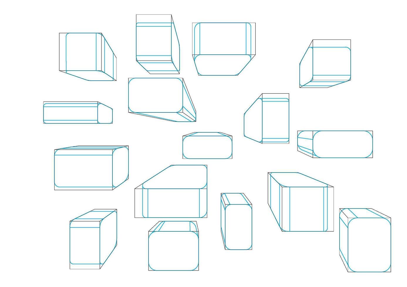 Boxes in a 1-point perspective with displaying the single rounding principle vector