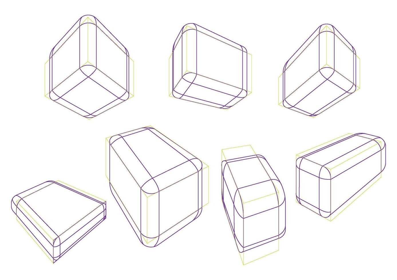 cajas en 2 puntos perspectiva y diferente desvanecimiento puntos con mostrando múltiple redondeo principio vector