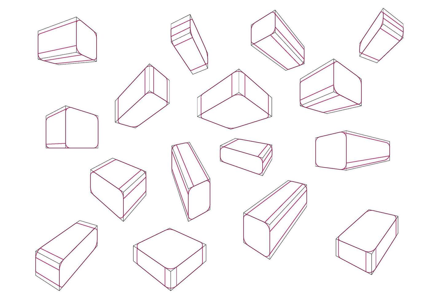 Boxes in a 2-point perspective with different vanishing point and the single rounding principle vector
