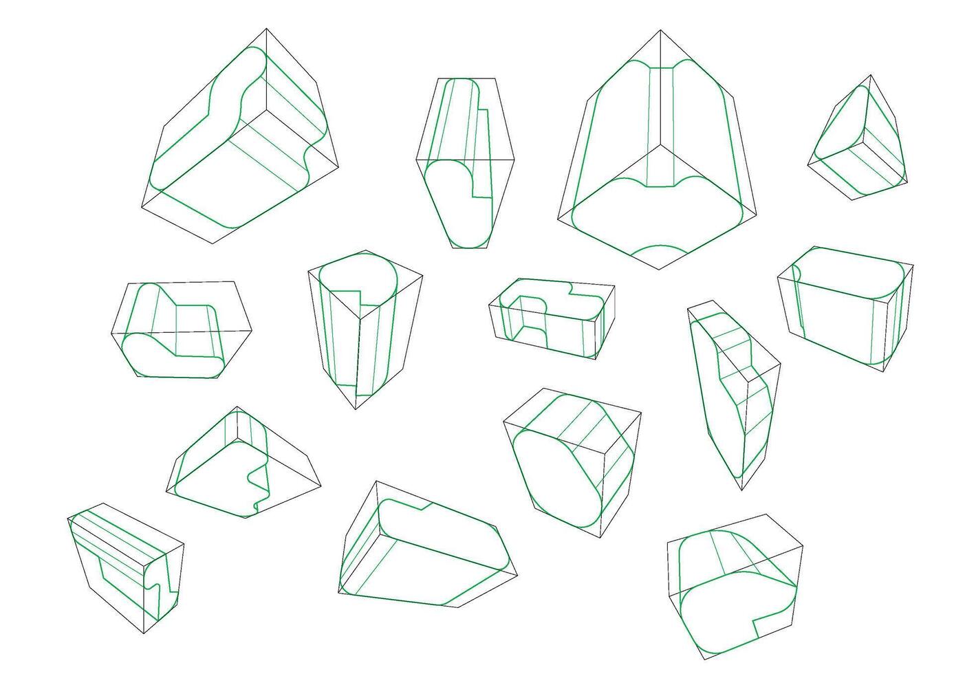 A variety of shapes in a 3-point perspective with displaying the single rounding principle vector