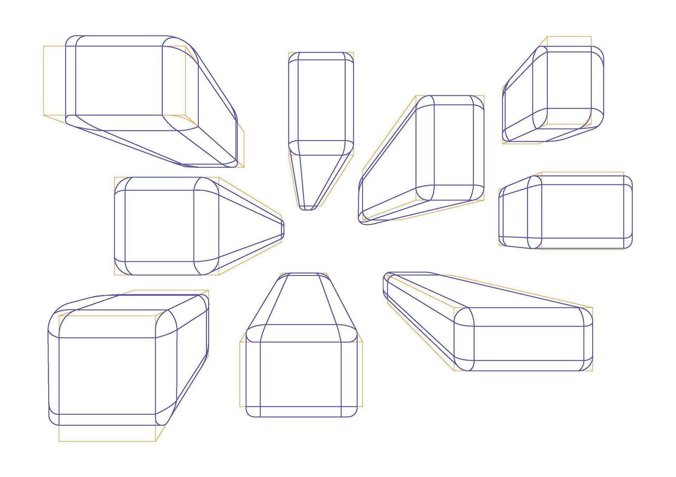 Boxes in 1-point perspective with displaying multiple rounding principle vector