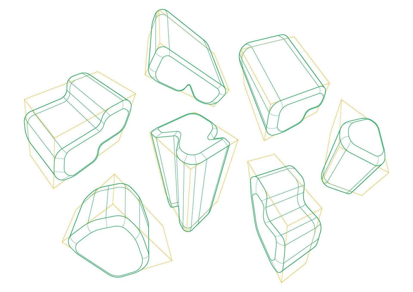 A variety of shapes in a 3-point perspective with displaying the multiple rounding principle vector