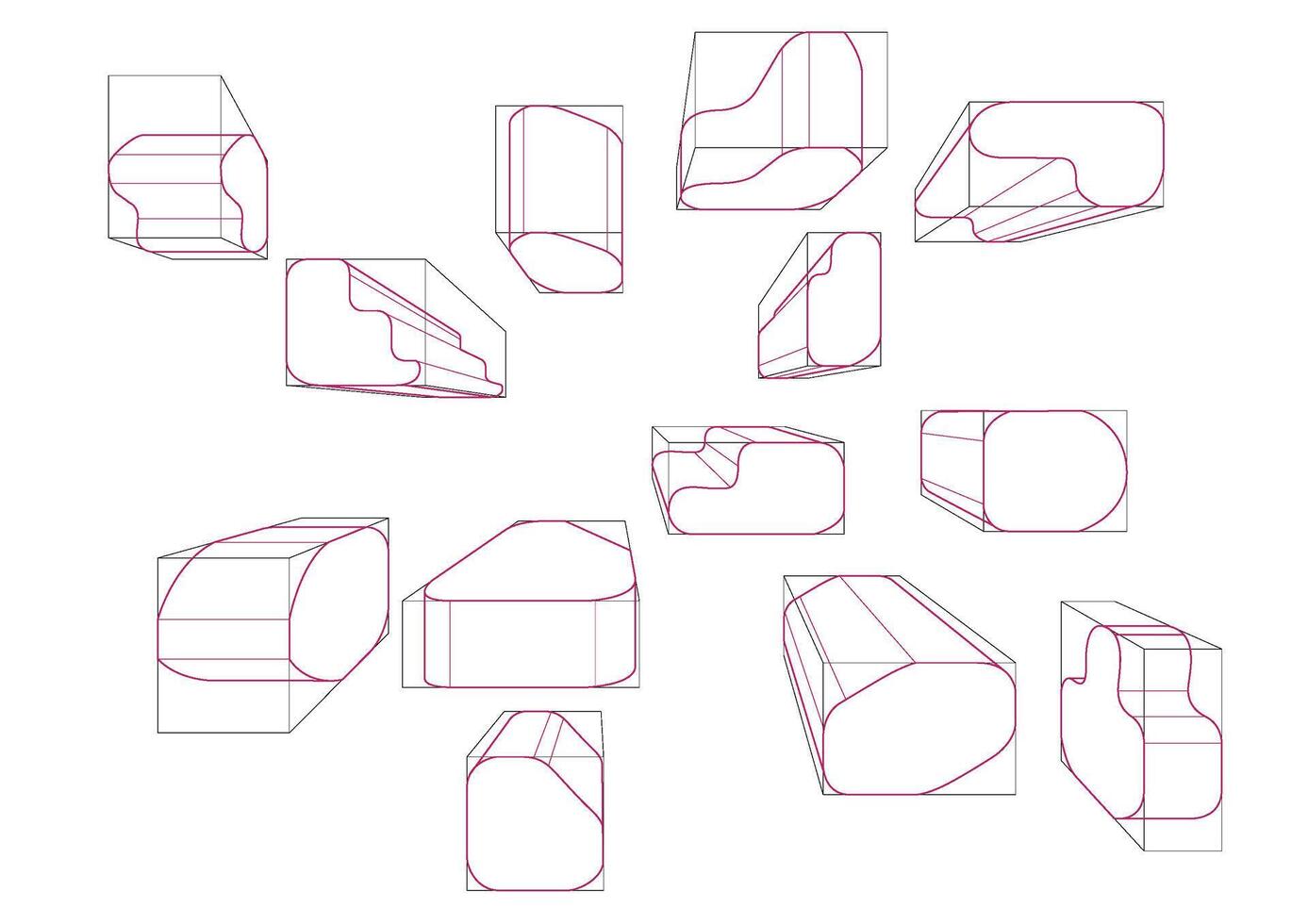 A variety of shapes in a 1-point perspective with displaying the single rounding principle vector