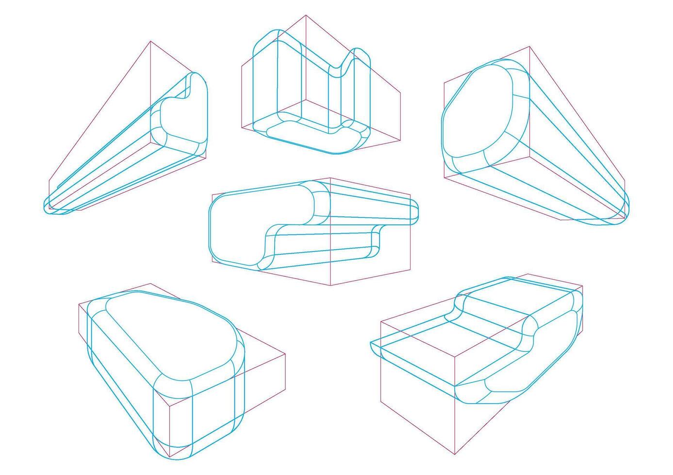 A variety of shapes in a 2-point perspective with displaying the multiple rounding principle vector
