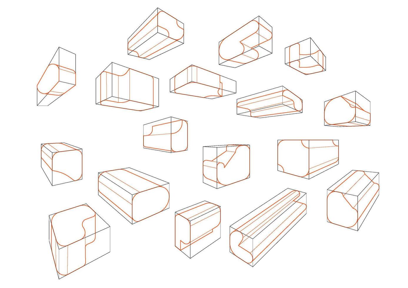 A variety of shapes in a 2-point perspective with displaying the single rounding principle vector