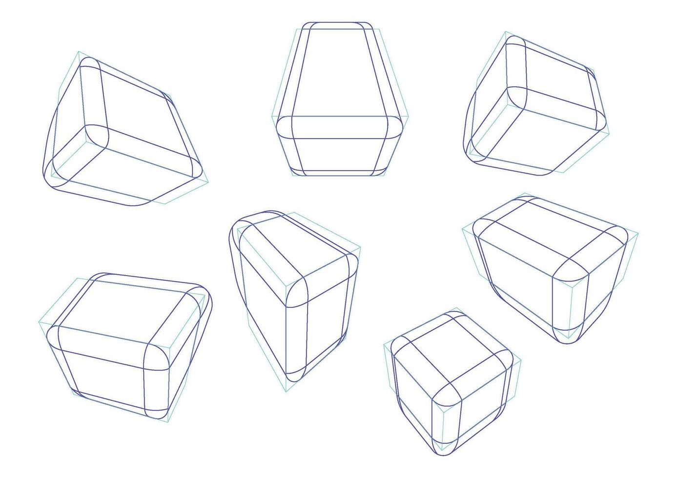Boxes in 3-point perspective with displaying multiple rounding principle vector