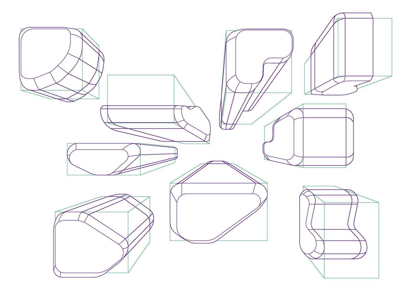 un variedad de formas en un 1 punto perspectiva con mostrando el múltiple redondeo principio vector