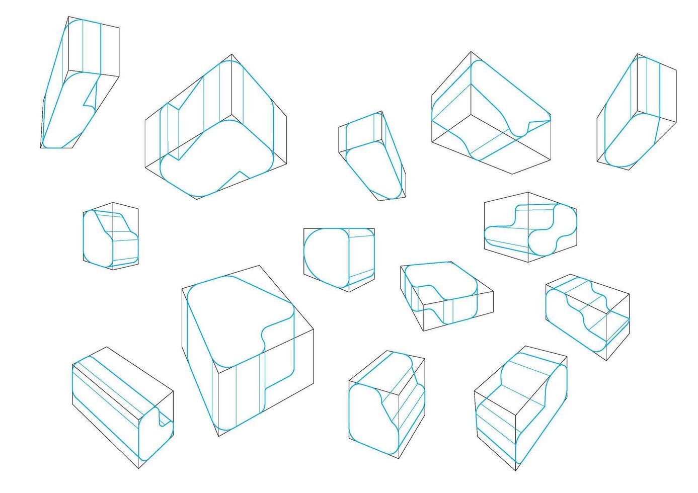 A variety of shapes in a 2-point perspective with displaying the single rounding principle and a different vanishing point vector