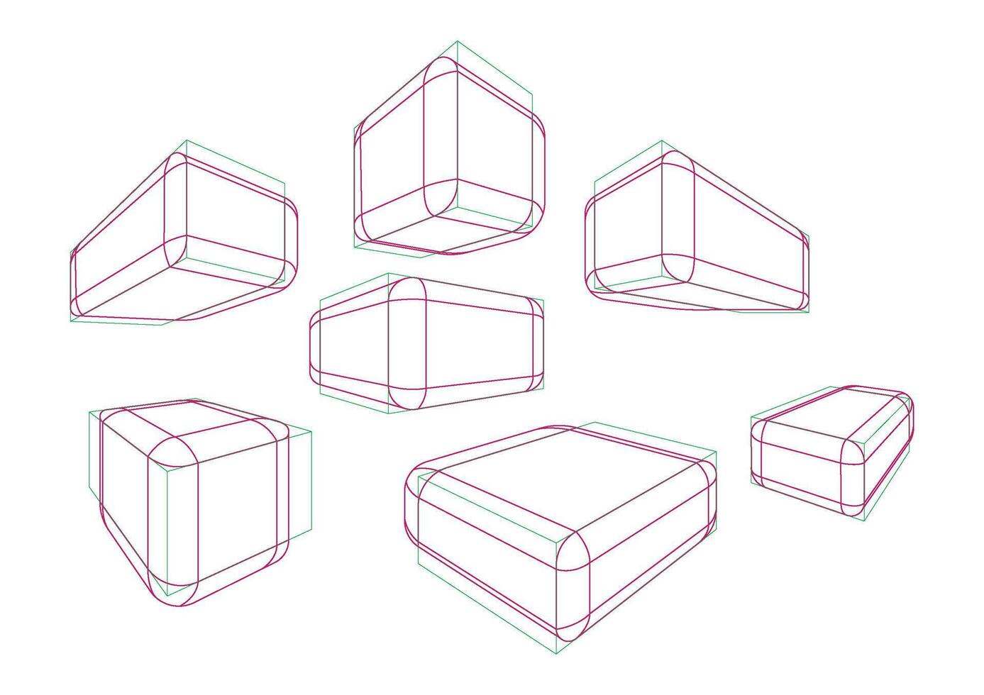 Boxes in 2-point perspective with displaying multiple rounding principle vector