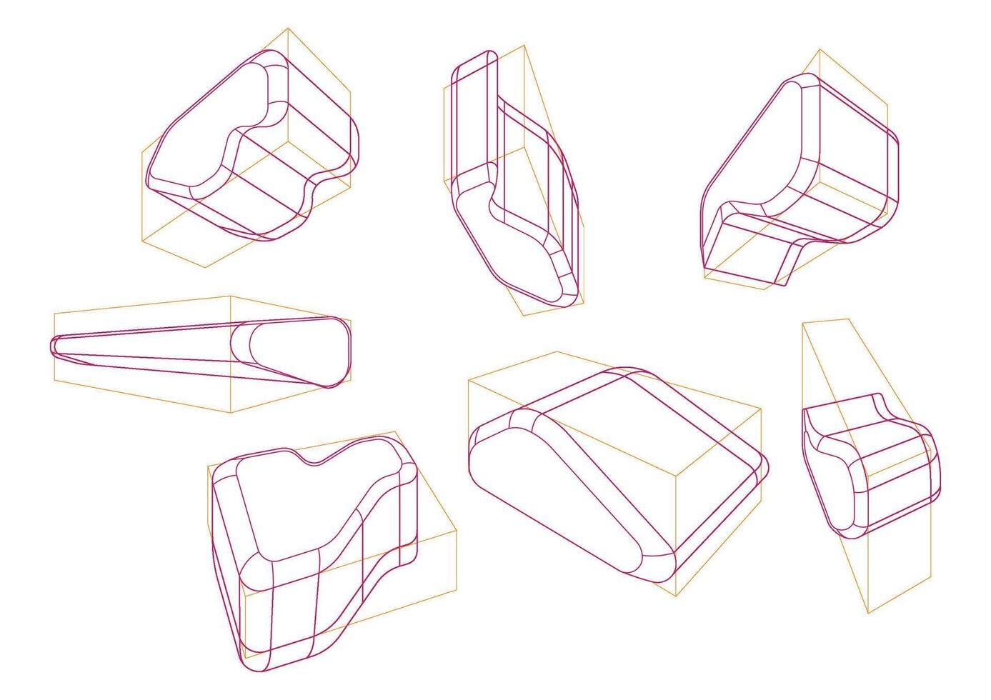 A variety of shapes in a 2-point perspective with displaying the multiple rounding principle and a different vanishing point vector