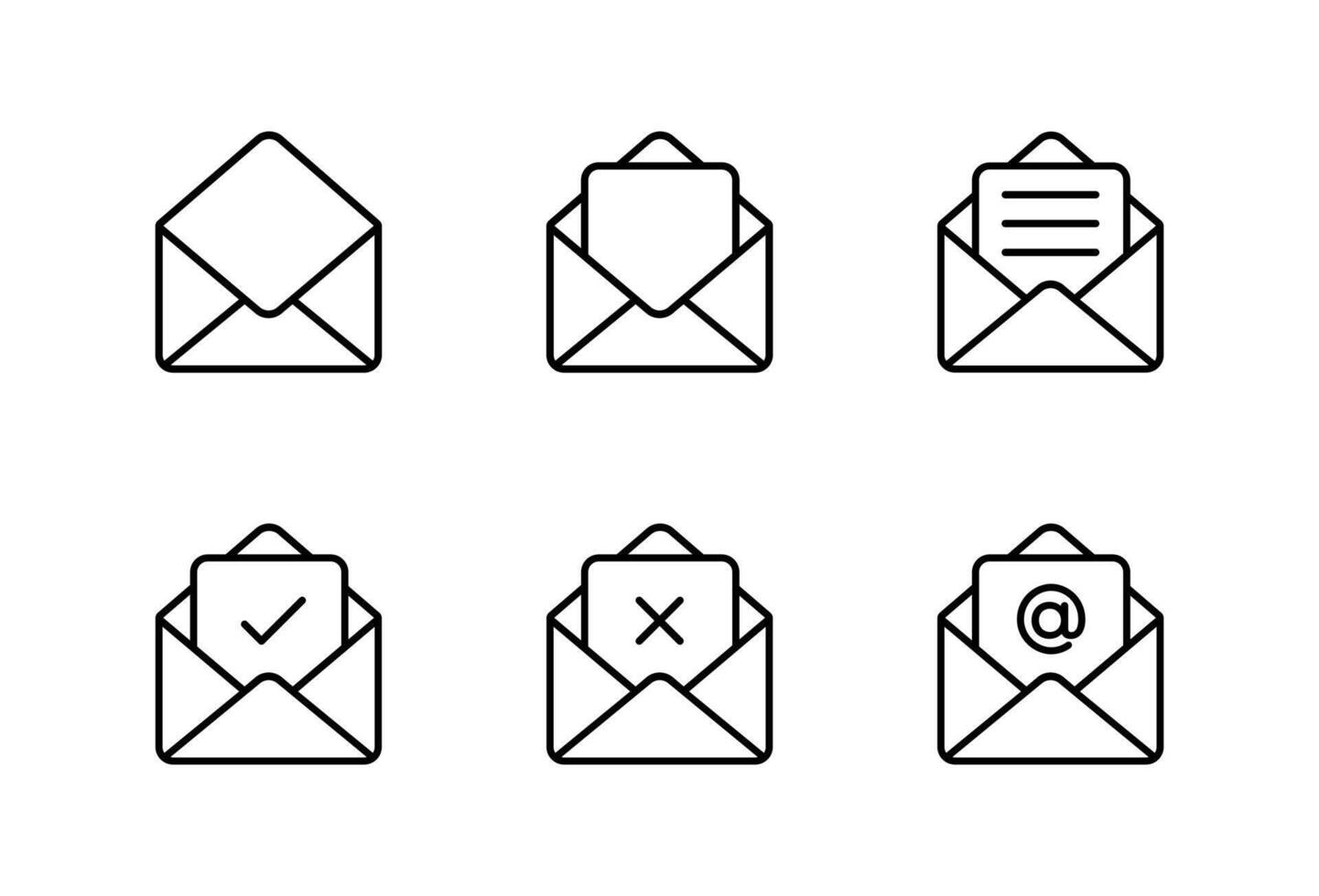 Open email envelope icon set in outline style. Message symbol with check, cross, text, and mention sign vector