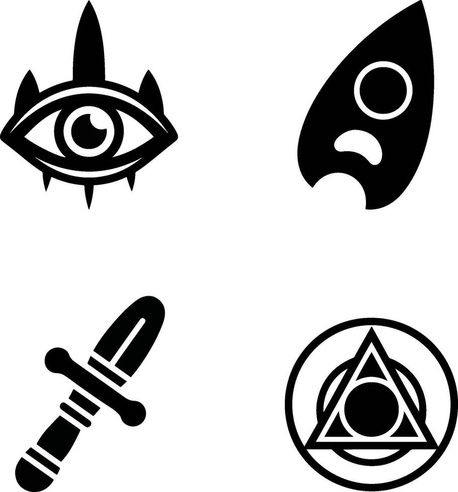 A minimalist set of four monochrome icons representing occult, witchcraft, and esoteric themes like the all-seeing eye and planchette vector