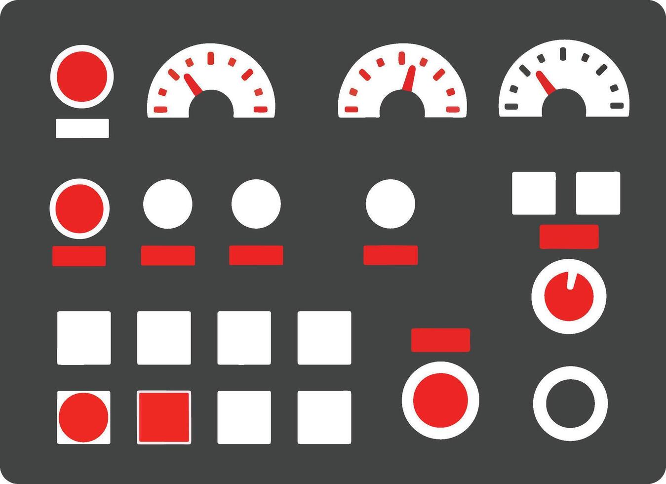 Modern flat icon set of industrial control panel elements. Dashboard with gauges, buttons, and indicators for technology interface design vector