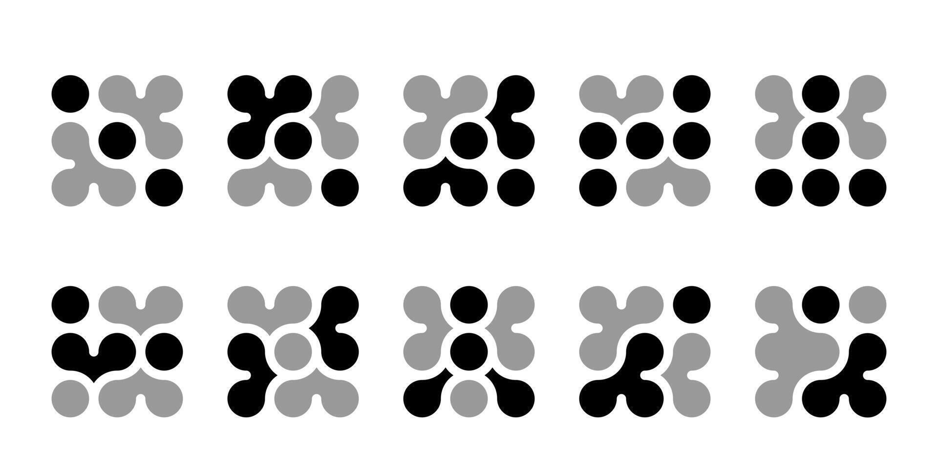 Abstract connected circles dots icon. Integrate innovate logo, technology shape. Neuron Nano molecula, artificial brain symbol. Network science data, metaball design. Organic medical liquid vector