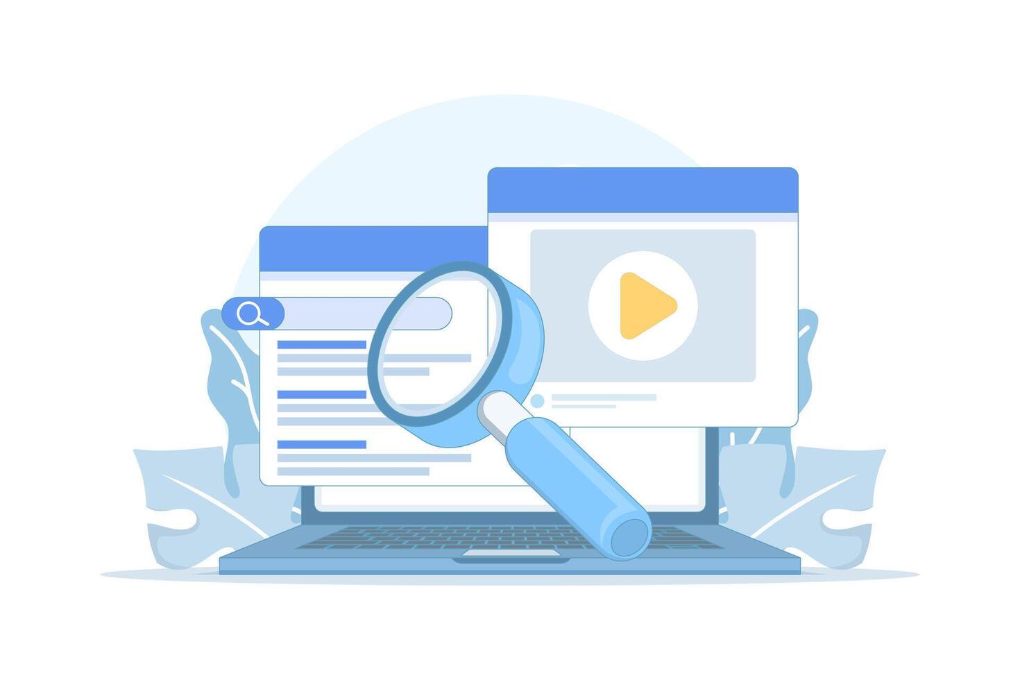 Flat illustration of searching through a computer concept. Modern digital workflow, data lookup, file exploration, and online information retrieval in a clean flat design style. vector