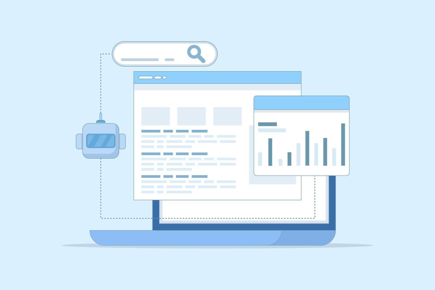 Illustration of AI-powered search engine concept. Advanced machine learning algorithms provide optimized results tailored to user intent, symbolizing intelligent digital search technology. vector