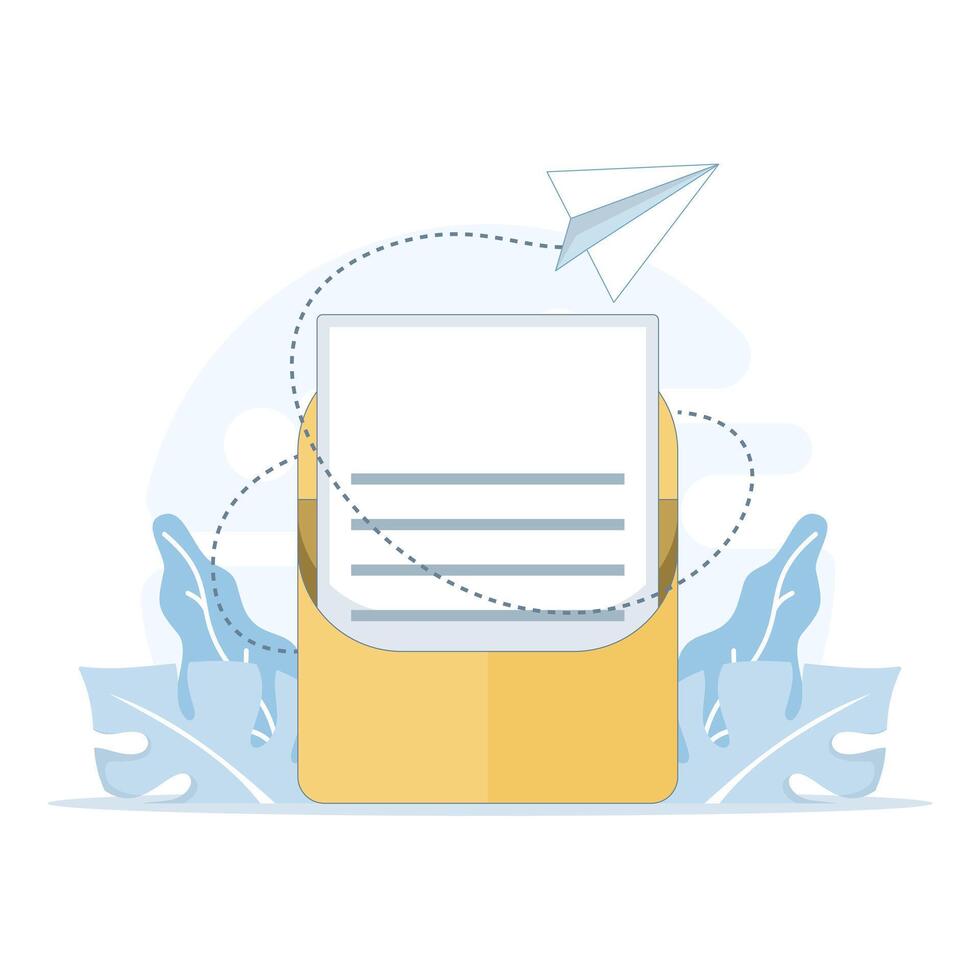 illustration of email sending concept. Large envelope with message inside and paper airplane symbolizing fast digital communication, online messaging, and modern correspondence services. vector