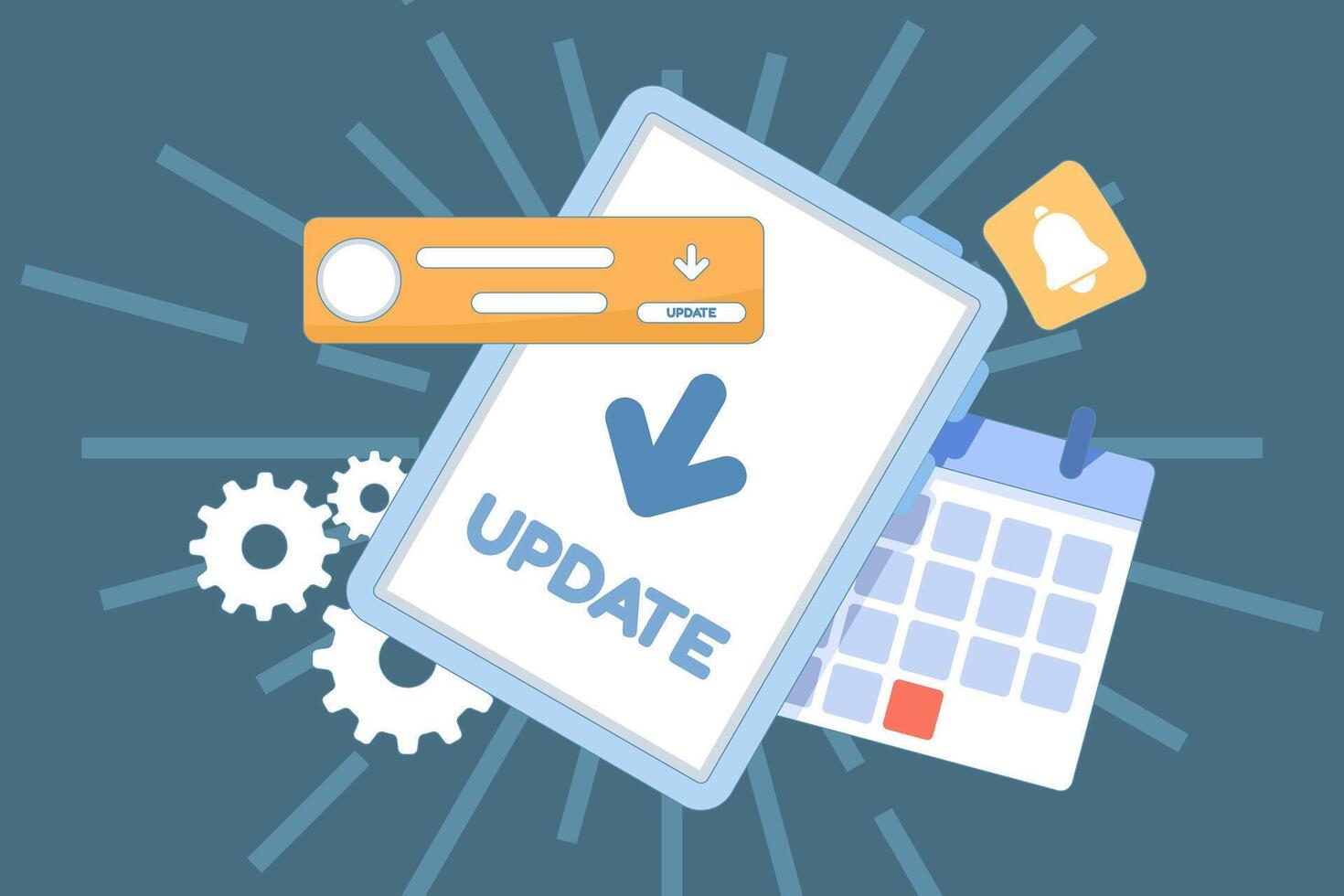 Flat illustration of mobile app update concept. Software enhancements with new features, bug fixes, refreshed UI, and optimized push notifications for better performance. vector