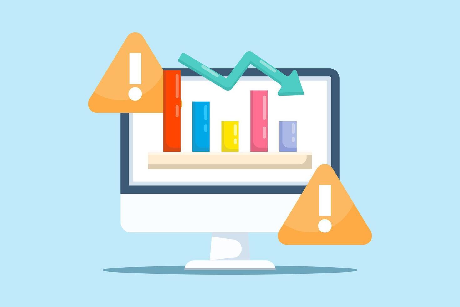 Illustration warning of data errors and potential loss. Declining sales, revenue, and profits highlight business risks, with exclamation mark and downward trending graph symbolizing problems. vector